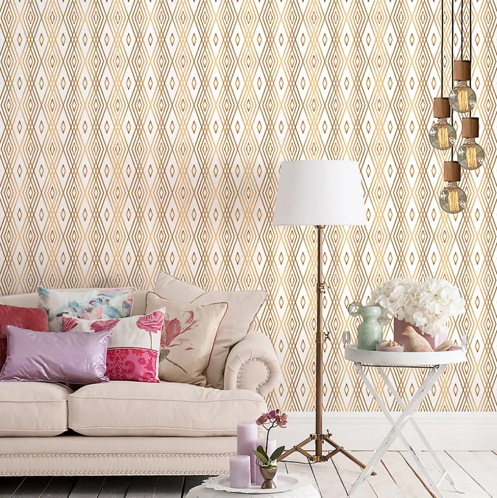 Papier peint intissé pré-encollé - SCANDINAVE ART DÉCO LOSANGES BLANC ET DORÉ - 1 rouleau de 300x60cm