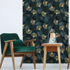 Papier peint intissé pré-encollé - FEUILLE DE GINKGO BLEU - 1 rouleau de 300x60cm