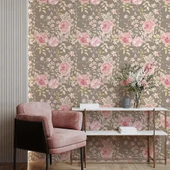 Papier peint intissé pré-encollé - FLEURS VINTAGE ROSE PIVOINES GRIS - 1 rouleau de 300x60cm