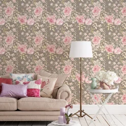 Papier peint intissé pré-encollé - FLEURS VINTAGE ROSE PIVOINES GRIS - 1 rouleau de 300x60cm