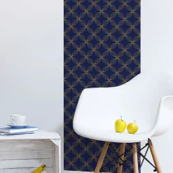 Papier peint intissé pré-encollé - RÉTRO ORNEMENTS BLEU MARINE ET JAUNE - 1 rouleau de 300x60cm