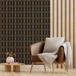 Papier peint intissé pré-encollé - SCANDINAVE ART DÉCO LOSANGES NOIRS ET EFFET DORÉ - 1 rouleau de 300x60cm