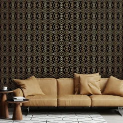 Papier peint intissé pré-encollé - SCANDINAVE ART DÉCO LOSANGES NOIRS ET EFFET DORÉ - 1 rouleau de 300x60cm