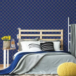 Papier peint intissé pré-encollé - RÉTRO ORNEMENTS BLEU ET JAUNE - 1 rouleau de 300x60cm