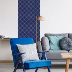 Papier peint intissé pré-encollé - RÉTRO ORNEMENTS BLEU ET JAUNE - 1 rouleau de 300x60cm