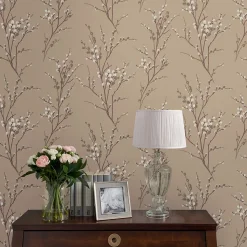 Papier peint intissé Pussy willow imprimé fleurs beige taupe L.1000 x l.52cm Laura Ashley
