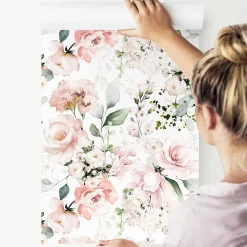 Papier Peint Intissé ROSES Fleurs Feuilles Aquarelle Pour Salon