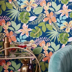 Papier peint intissé So exotic night imprimé fleurs tropicales rose, vert, bleu L.1000 x l.52cm Envy