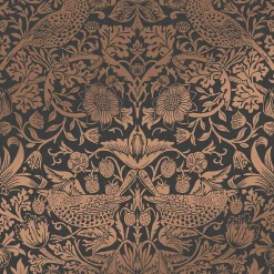 Papier peint intissé Strawberry fibrous charcoal imprimé fleurs, oiseaux effet métalisé marron L.1000 x l.52cm William Morris