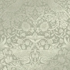 Papier peint intissé Strawberry thief imprimé fleurs, oiseaux effet métalisé vert sauge L.1000 x l.52cm William Morris