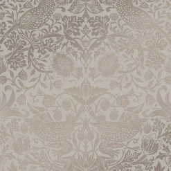Papier peint intissé Strawberry thief imprimé fleurs, oiseaux effet métalisé beige L.1000 x l.52cm William Morris