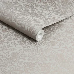 Papier peint intissé Strawberry thief imprimé fleurs, oiseaux effet métalisé beige L.1000 x l.52cm William Morris