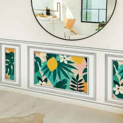 Papier peint intissé tropical coloré, imitation boiseries, 75 cm X 200 cm, décor unique.