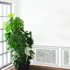 Papier peint intissé tropical, motif feuille sur fond vert, imitation boiseries, 75 cm X 200 cm, décor unique.