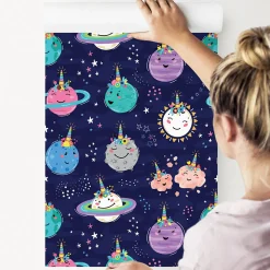 Papier Peint Intisse COSMOS Planètes Etoiles Couleurs Pour Chambre D'Enfant