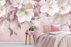 Papier Peint Intissé Panoramique Pour Chambre Cuisine Fleurs Rose Béton 350x250