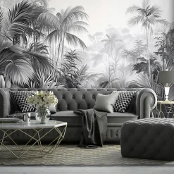 Papier Peint Noir et blanc Jungle Panoramique Intissé 400x280 cm - Colle Inclus - Moderne Papier Peint Intissé Chambre Salon