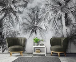 Papier Peint Noir et blanc Palmiers Panoramique Intissé 300x210 cm - Colle Inclus - Moderne XXL Papier Peint por Chambre Salon