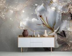 Papier Peint Panoramique Intissé Fleurs Lys Beige - 350x250 cm - Papier Peint Chambre et salon