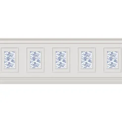 Papier peint panoramique, crème toile de jouy bleue, effet trompe l'oeil, boiseries soubassement, 70 cm X 195 cm