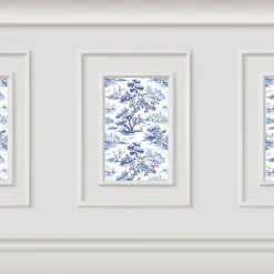 Papier peint panoramique, crème toile de jouy bleue, effet trompe l'oeil, boiseries soubassement, 70 cm X 195 cm