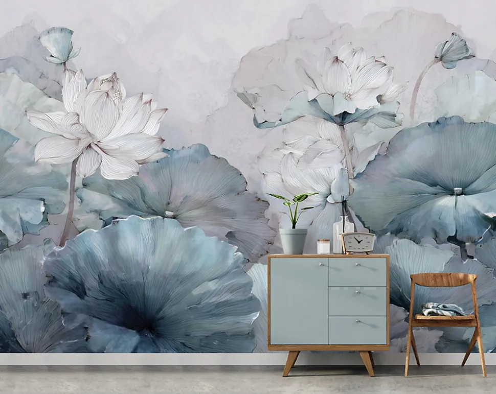Papier Peint Panoramique Intissé Fleurs Béton Bleu - 350x250 cm - Papier Peint Chambre et salon