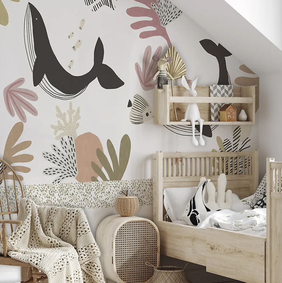 Papier peint panoramique enfant Baleines, Beige 300 x 250cm