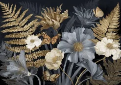 Papier Peint Panoramique Intissé Feuilles Fleurs Gris - 400x280 cm - Papier Peint Chambre et salon