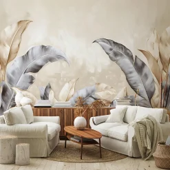Papier Peint Panoramique Intissé Feuilles Beige 350x250 cm - Colle Inclus - Moderne XXL Papier Peint por Chambre Salon