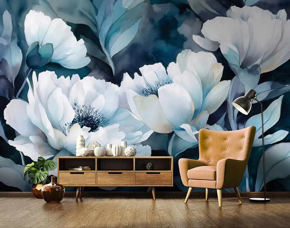Papier Peint Panoramique Intissé Fleurs Abstrait Bleu - 300x210 cm - Papier Peint Chambre et salon