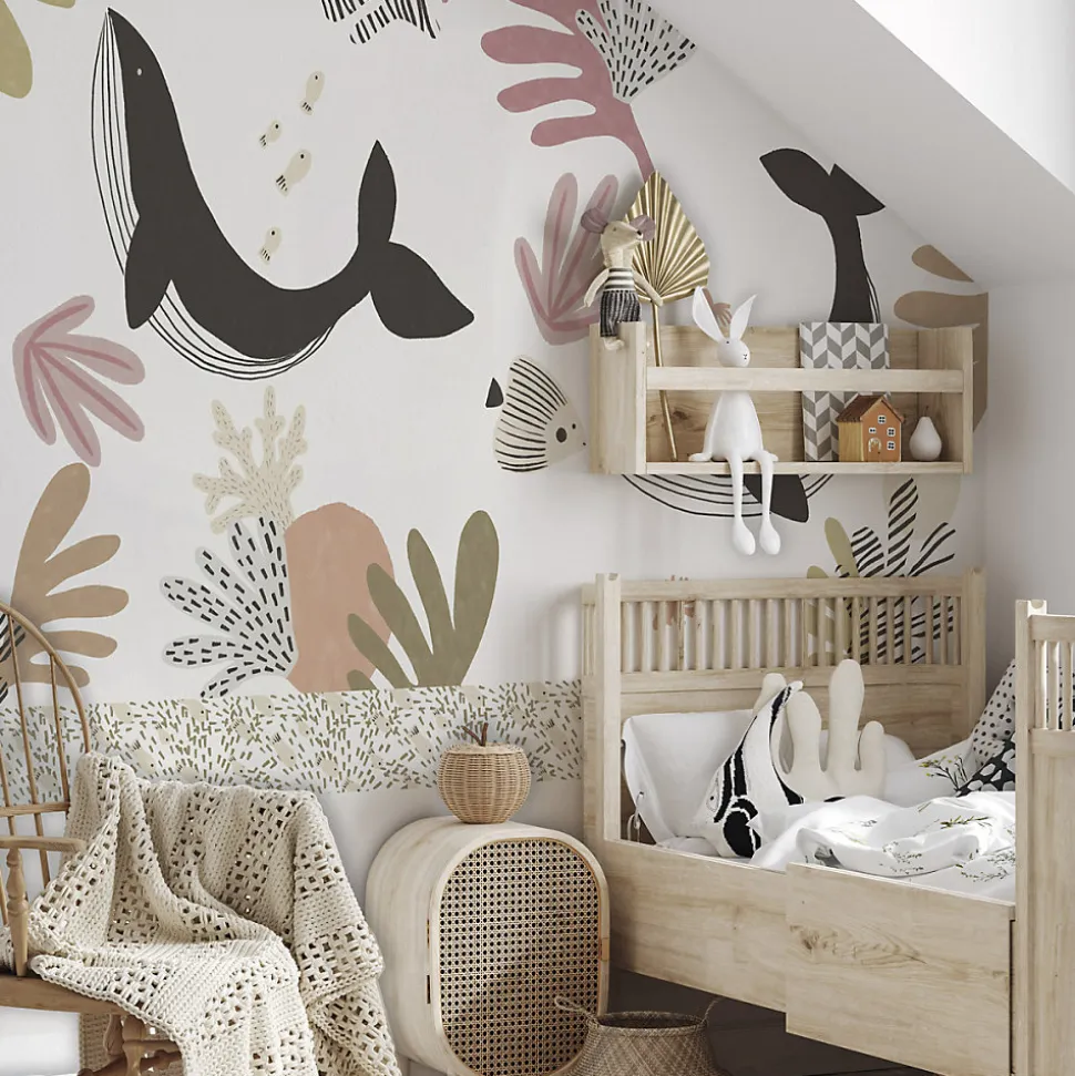 Papier peint panoramique enfant Baleines, Beige 450 x 250cm