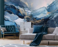 Papier Peint Panoramique Intissé Marbre Glamour Bleu - 350x250 cm - Papier Peint Chambre et salon