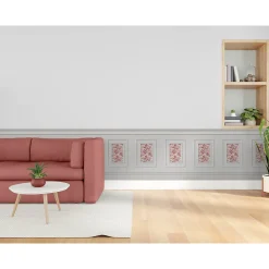 Papier peint panoramique, crème toile de jouy rouge, effet trompe l'oeil, boiseries soubassement, 70 cm X 195 cm