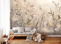 Papier Peint Panoramique Intissé Fleurs Prairie Beige - 400x280 cm - Papier Peint Chambre et salon