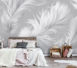 Papier Peint Panoramique Intissé Plumes Abstrait Gris - 350x250 cm - Papier Peint Chambre et salon