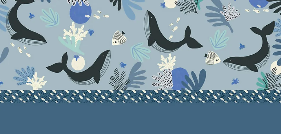 Papier peint panoramique enfant Baleines, Bleu 225 x 250cm