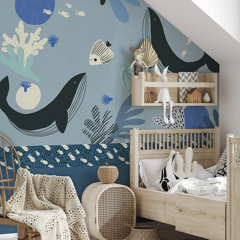 Papier peint panoramique enfant Baleines, Bleu 225 x 250cm