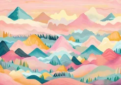 Papier Peint Panoramique Intissé Montagnes Nuages Rose - 368x254 cm - Papier Peint Enfant