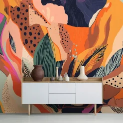 Papier Peint Panoramique Vinyle Abstraction Feuilles Coloré - 368x254 cm - Papier Peint Chambre et salon