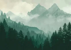 Papier Peint Panoramique Intissé Forêt montagnes Vert - 350x250 cm - Papier Peint Chambre et salon