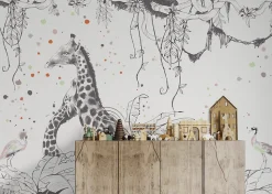 Papier peint panoramique enfant Scènes girafes, Gris clair 170 x 250cm