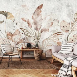 Papier Peint Panoramique Intissé Feuilles Béton Gris - 368x254 cm - Papier Peint Chambre et salon