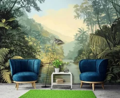 Papier Peint Panoramique Intissé 3D Jungle Nature Vert 350x250 cm - Colle Inclus - Moderne XXL Papier Peint por Chambre Salon