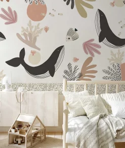Papier peint panoramique enfant Baleines, Beige 150 x 250cm
