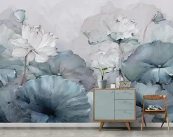 Papier Peint Panoramique Intissé Fleurs Béton Bleu - 300x210 cm - Papier Peint Chambre et salon
