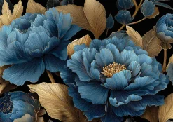 Papier Peint Panoramique Intissé Fleurs Feuilles Bleu - 350x250 cm - Papier Peint Chambre et salon
