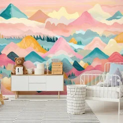 Papier Peint Panoramique Intissé Montagnes Nuages Rose - 254x184 cm - Papier Peint Enfant