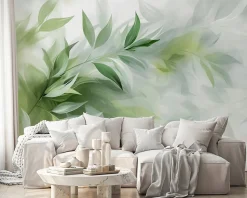 Papier Peint Panoramique Intissé Feuilles Abstrait Vert - 416x254 cm - Papier Peint Chambre et salon
