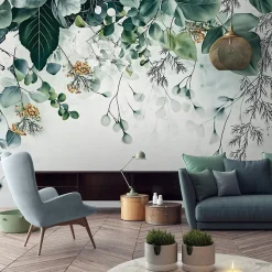Papier Peint Panoramique Intissé Nature Vert Feuilles 350x250 cm - Colle Inclus - Moderne XXL Papier Peint por Chambre Salon