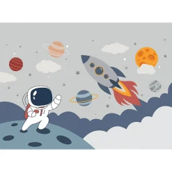 Papier peint panoramique intissé enfant fusée, astronaute, espace bleu, blanc, 8 lés, L.280 x l.400cm IDPanneaux